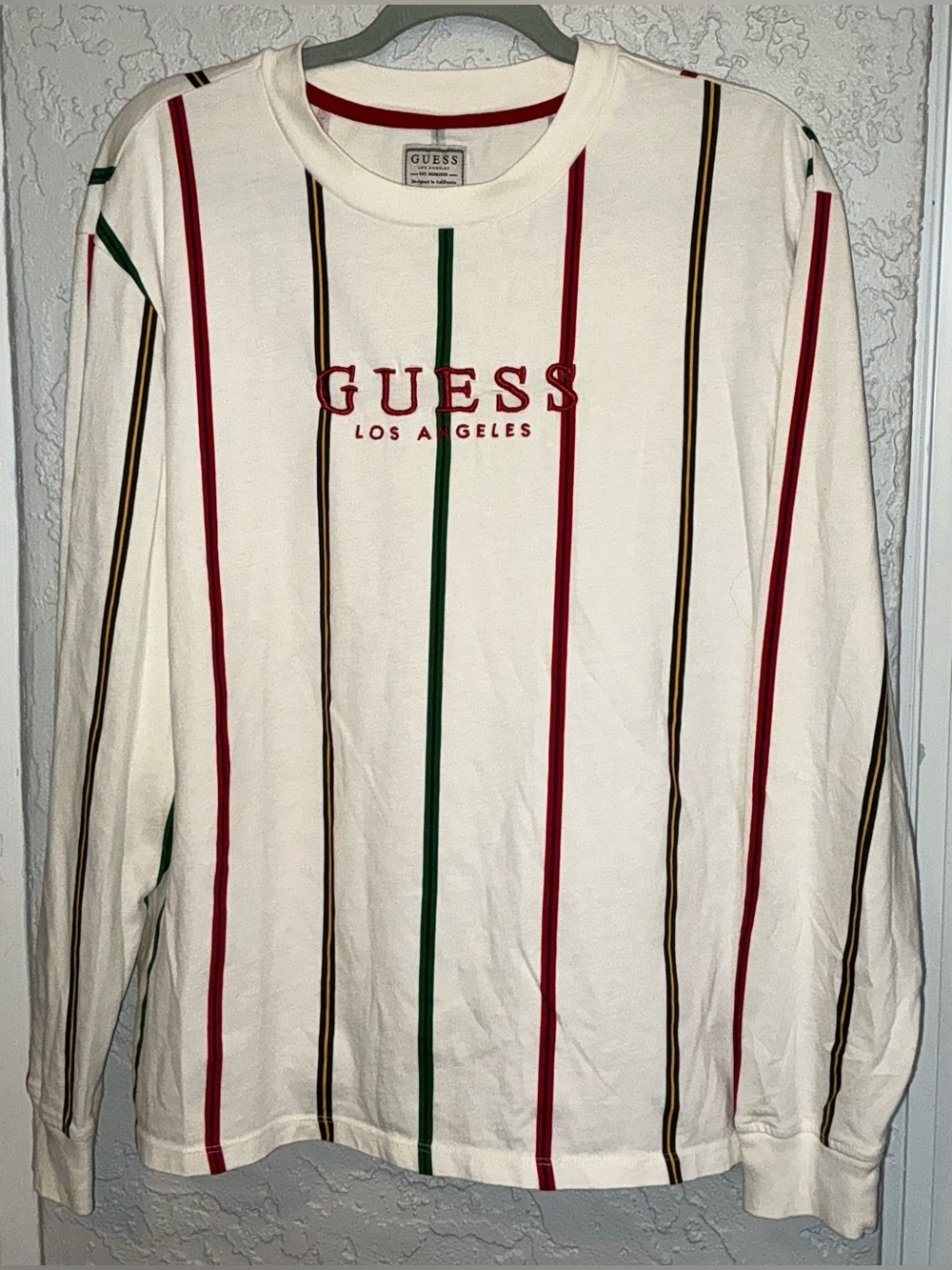 GUESS Vintage Cream Long Sleeve Shirt with Red, Green & Yellow Stripes